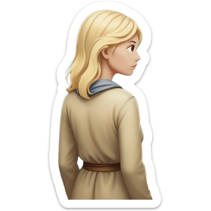 the back of a blonde woman stands at a mountain crossroads, her back turned as she contemplates two trails—one illuminated, symbolizing response, and one shrouded in darkness, representing reaction. with hands on chest sticker