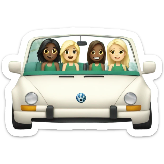 2 white blonde and 2 white brunette girls in a green convertible volkswagen  sticker
