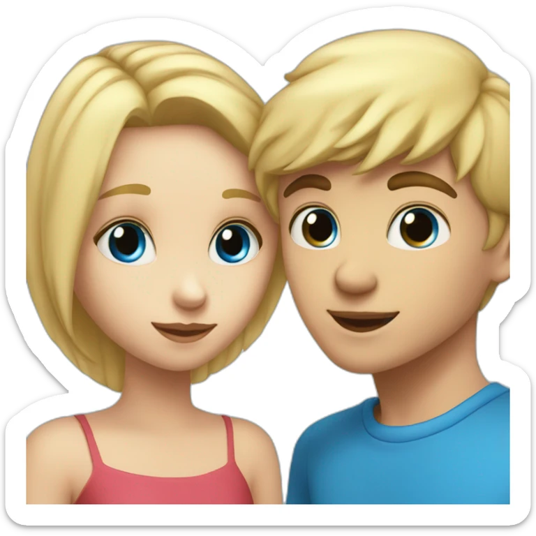 A blond boy with blue eyes who kisses a pretty blonde girl with blues eyes,  with a heart above their heads  sticker