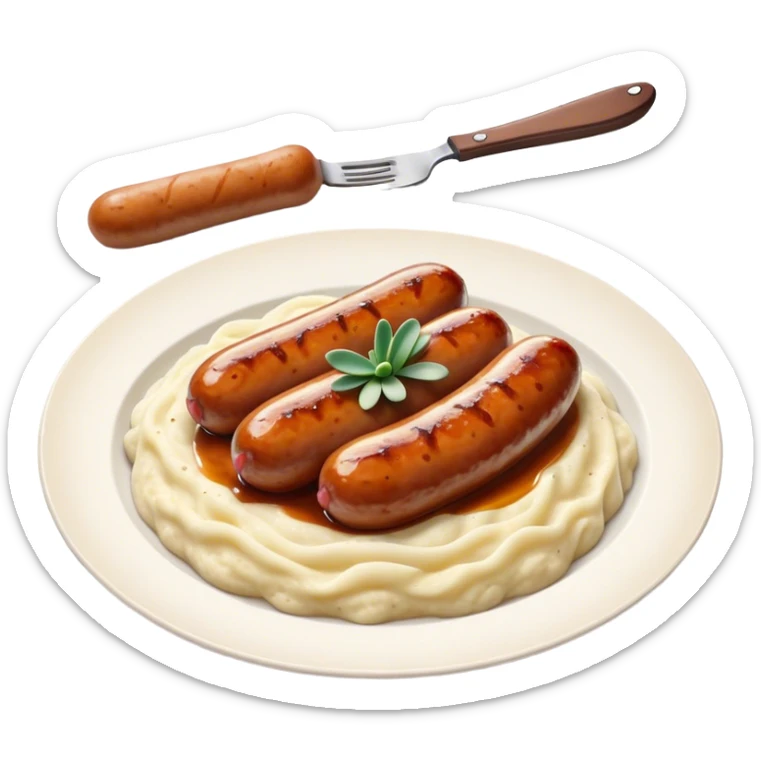 Cinematic Realistic Bangers and Mash Dish Emoji, featuring succulent pork sausages paired with creamy mashed potatoes rendered with detailed textures and natural highlights that emphasize its robust, hearty flavor. sticker