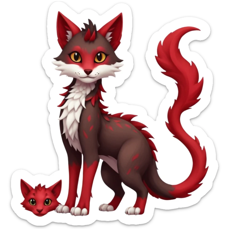Kawaii dark-brown and crimson-red beautiful pretty elegant divine edgy fantasy feline-vernid-sergal-fursona animal creature with a tufted tail full body with intricate markings  sticker