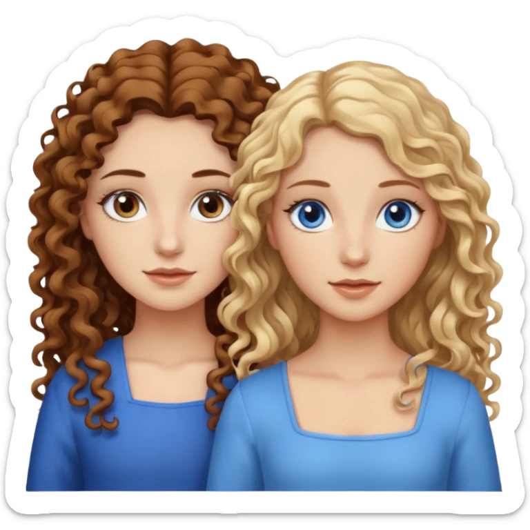 sisters, one has brown eyes, long curly brown hair, the other one has blond hair and blue eyes sticker