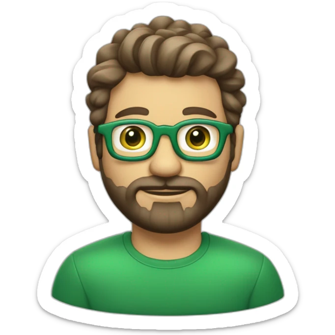Une visage d’un homme cheveux mi-long un peu ondulée de couleur brun, avec des yeux vert avec une petit barbe bien taillés et des lunettes assez fines  et une peau claire  sticker