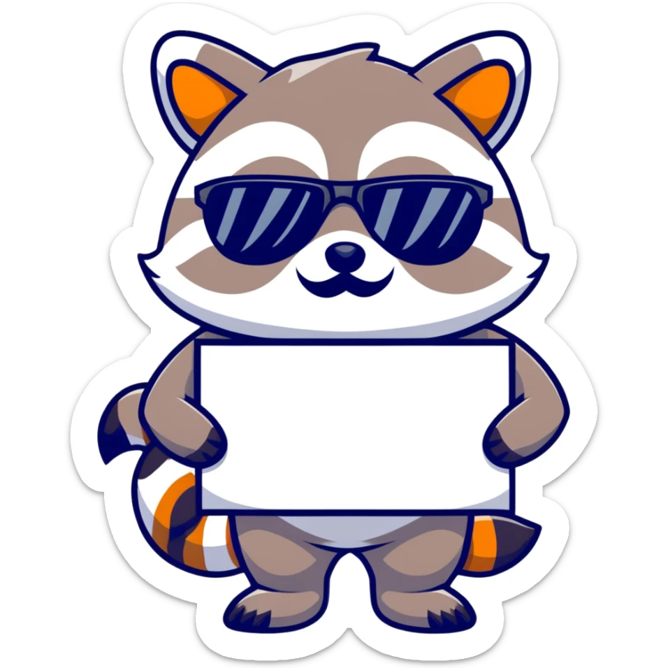 Raccoon in disguise, sunglasses and mustache holding a sign  sticker