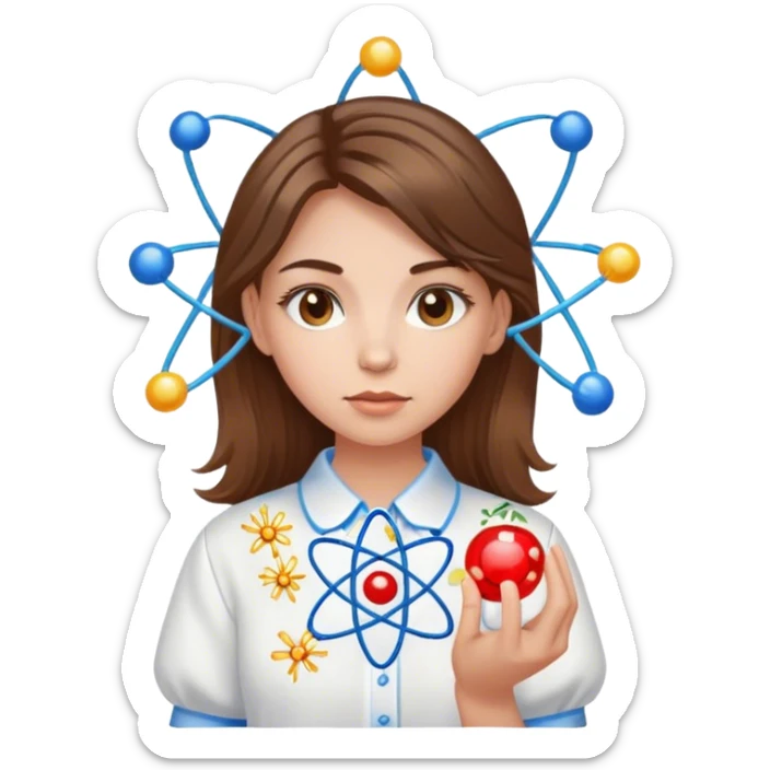 a Ukrainian girl with brown hair in an embroidered shirt and an atom sticker