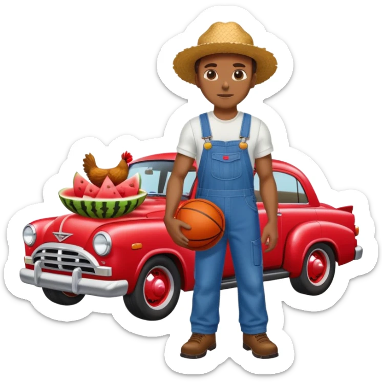 Black man in farmer outfit and infront of a hell cat car with a basketball fried chicken and watermelon in there hand sticker