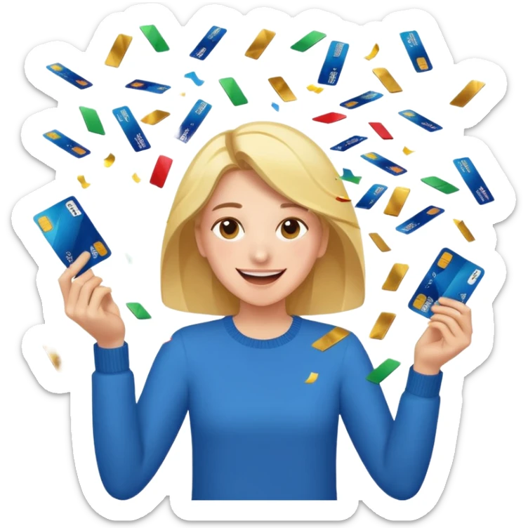 A joyful person cutting up credit cards as they turn into flying confetti emoji sticker
