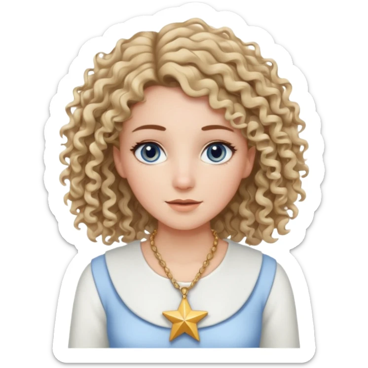 Very white woman, with blue/grey eyes, straight brown hair that is a little bit blonde and the tips are curly, cute white outfit, star neckless sticker