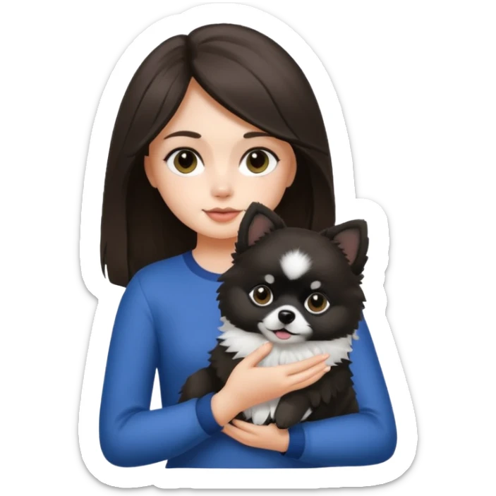 A brunette hair girl holding a black and white 1 Pomeranian dog who has black face but in the middle it’s white line sticker