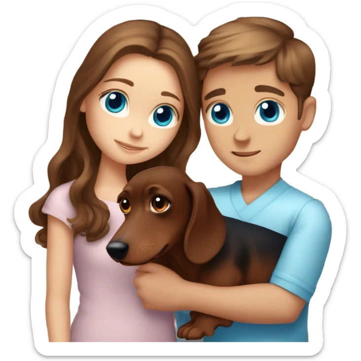 Brown long wavy hair blue eyes girl brown haired boy with blue eyes cuddling a brown dachshund sticker