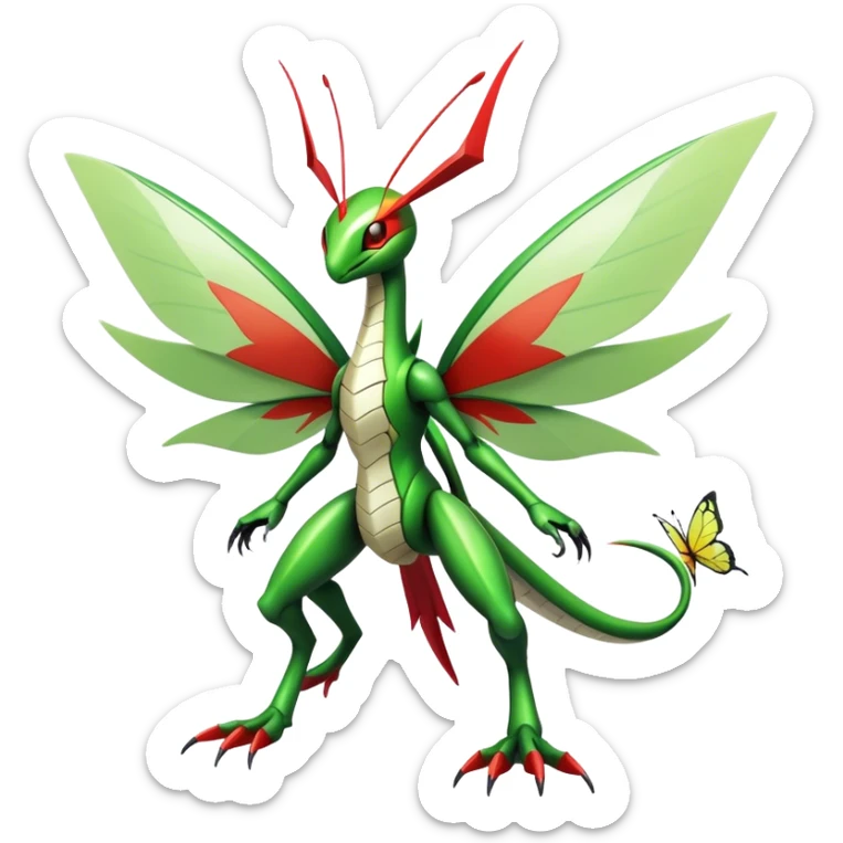  Cool Edgy Shiny Futuristic Ethereal Legendary Kartana-Digimon-Schyther-Flygon-hybrid full body with butterfly wings on back sticker