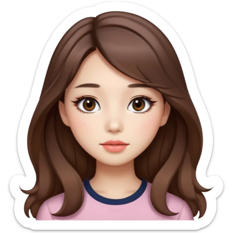 “korean straight brown hair Emoji girl, soft eyeliner and blush, gradient lips, light brown shimmer eyeshadow, long wavy hair,  sticker