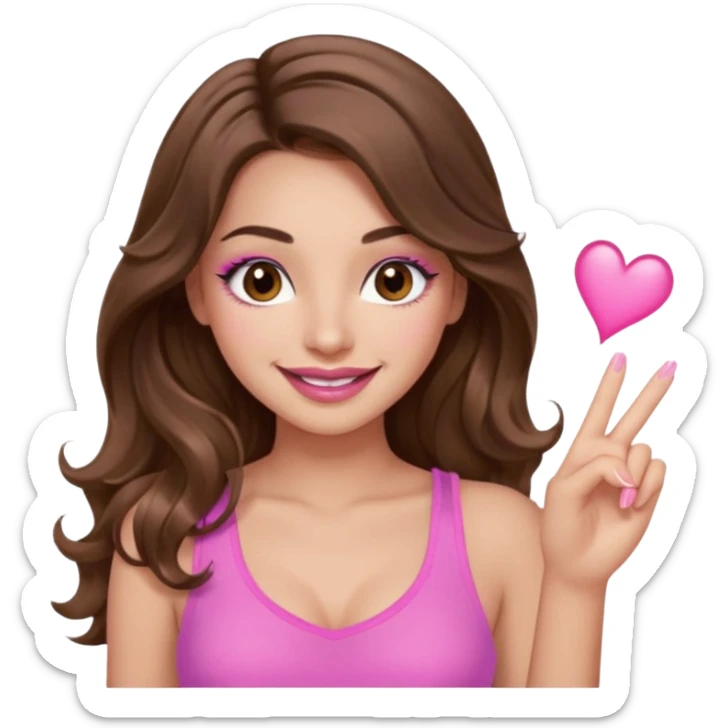 girl with long wavy brown hair, brown eyes, long lashes, sexy pink lips, light to medium complexion, wearing a pink sexy top, smiling, finger tips touching sticker