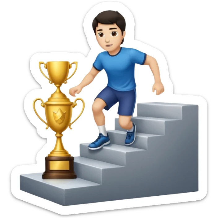 UN HOMBRE DE PIEL CLARA Y PELO OSCURO SUBIENDO ESCALERAS PARA ALCANZAR UN TROFEO QUE ESTA EN EL ULTIMO ESCALON sticker