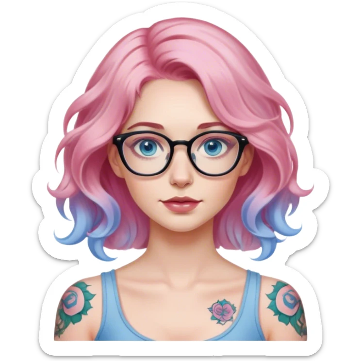 Hyper Realistic adult 
model, pale woman, pink wavy balayage hair, blue eyes and glasses, shoulder tattoo  sticker