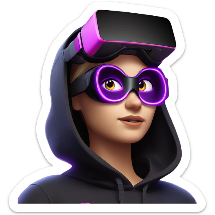 Russian girl wearing black hoody with violet letters "OMG", in vr headset oculus quest2. jumping. Cyberpunk style. Violet neon. sticker