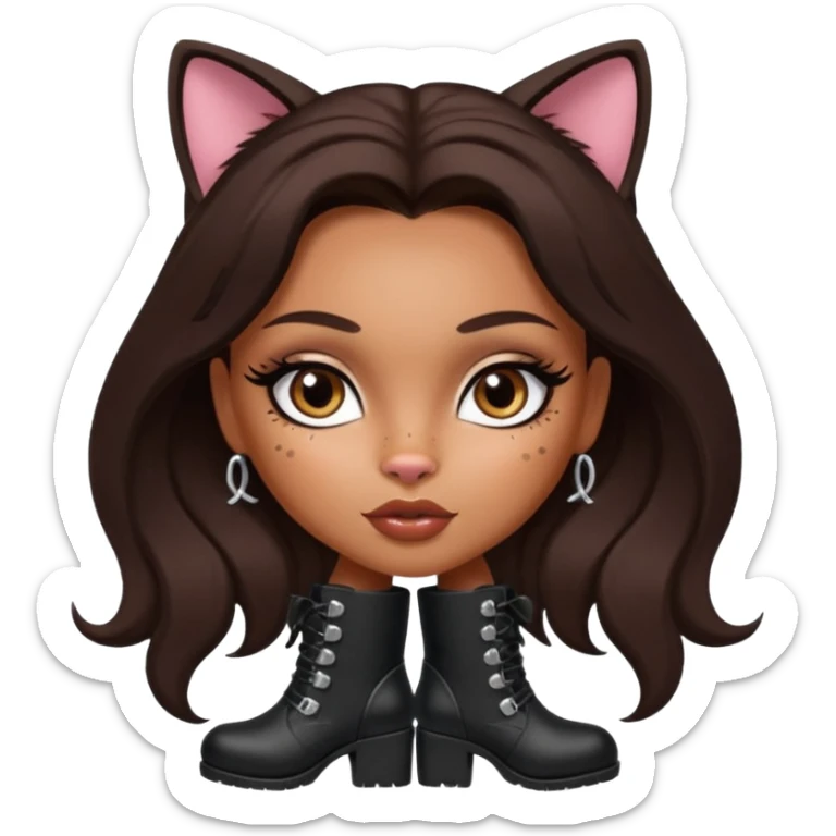 A sexy, super pretty bratz girl with caramel skin. Dark brown hair and brown eyes. She has freckles. Wearing sexy makeup. Dressed as a sexy cat with tall black boots on sticker