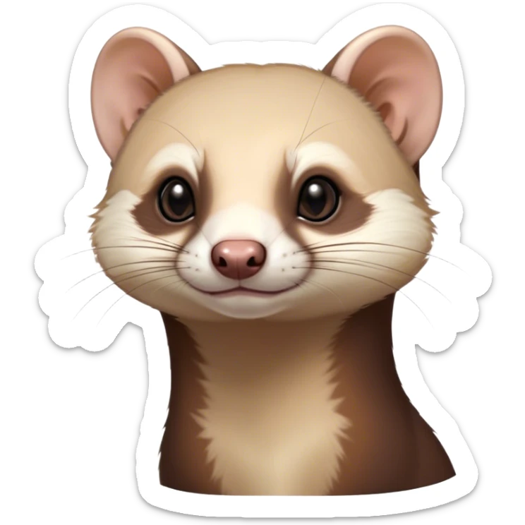 Cinematic Noble sable ferret Portrait Emoji, Poised and dignified, with a sleek, elongated body and a distinct sable ferret head featuring a pointed snout, small, rounded ears, and intelligent, beady eyes, covered in soft, sleek fur with natural brown and cream hues, Simplified yet sharp and sophisticated features, highly detailed, glowing with a warm, natural glow, high shine, exuding an air of quiet confidence, focused and watchful, soft glowing outline, capturing the essence of a clever and majestic sable ferret that feels as though it could leap from the screen with effortless grace! sticker