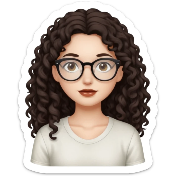 aesthetic white girl with dark brown, long curly hair, she wears an offwhite top and wears glasses and her eyes are black sticker