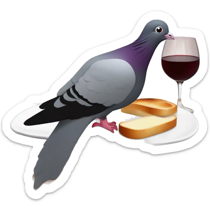 Pigeon with a PSG football club haa red wine glass and lying on a ham and butter baguette sandwich sticker