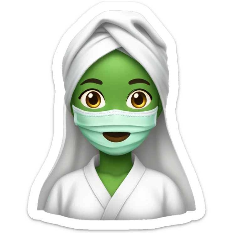 Girl with green face mask and a white robe and white towel on head sticker
