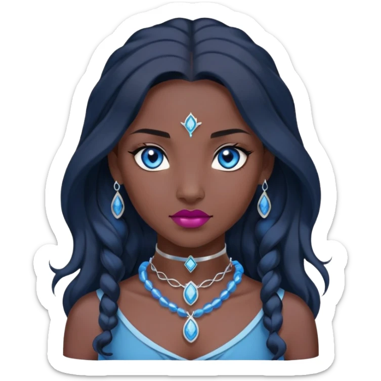 katara avatar native with blue eyes, dark skin, long wavy dark black hair, sapphire on choker necklace, dark pink neutral lipstick sticker