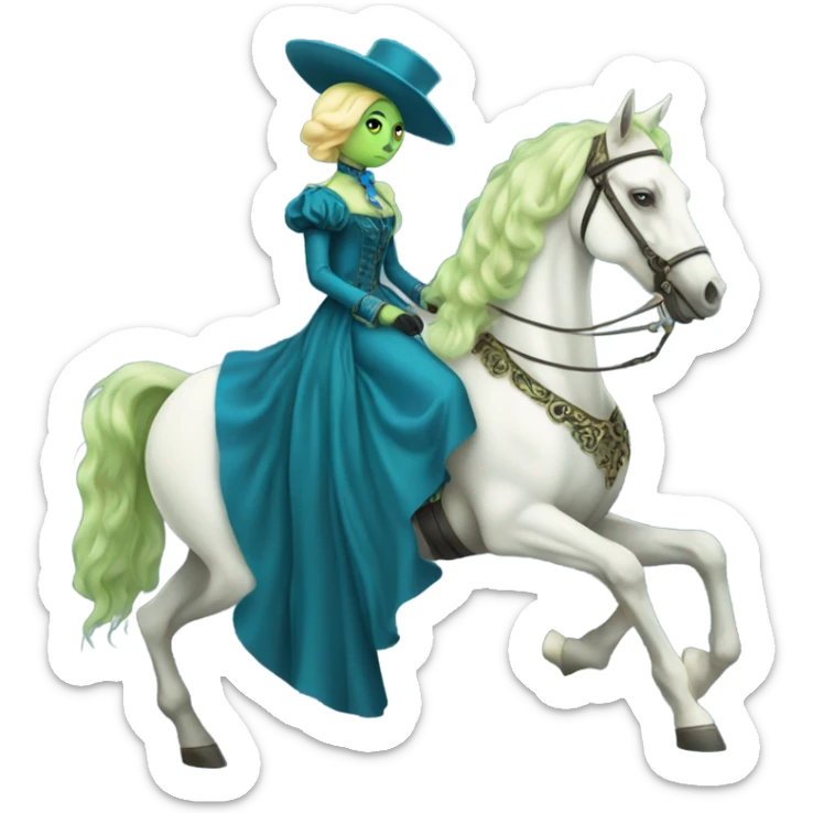 "galora green blonde alien woman" in blue Victorian dress elegant, full body, on white horse sticker