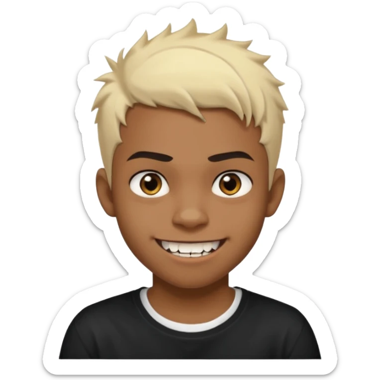 Black Male Teenager with Short punk messy blonde hair, Dark brown bushy eyebrows large expressive golden-brown eyes, wearing a plain white t-shirt, Dark Brown skin color. vampire tooth sticker