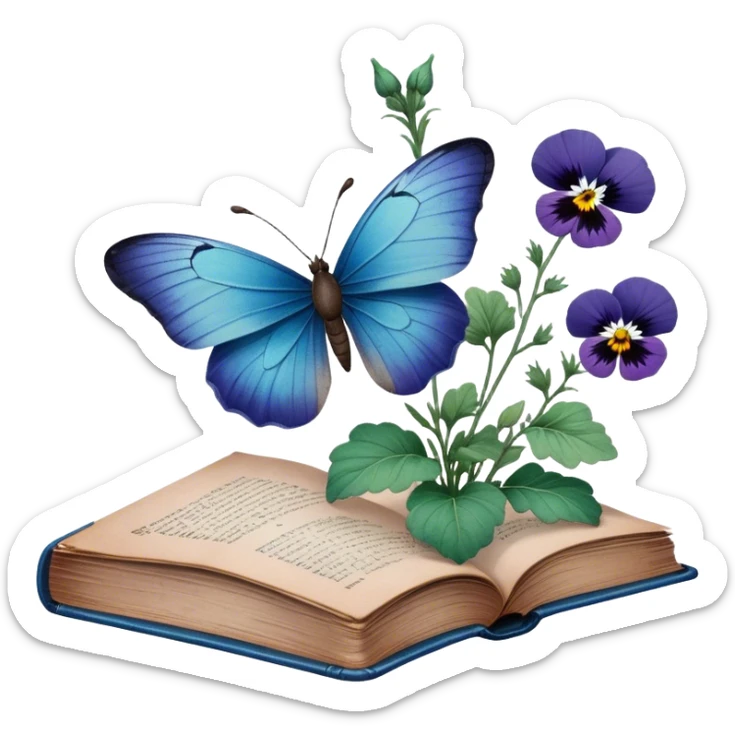 A vintage book with a worn blue cover, open to reveal pressed pansies and a resting green butterfly. sticker