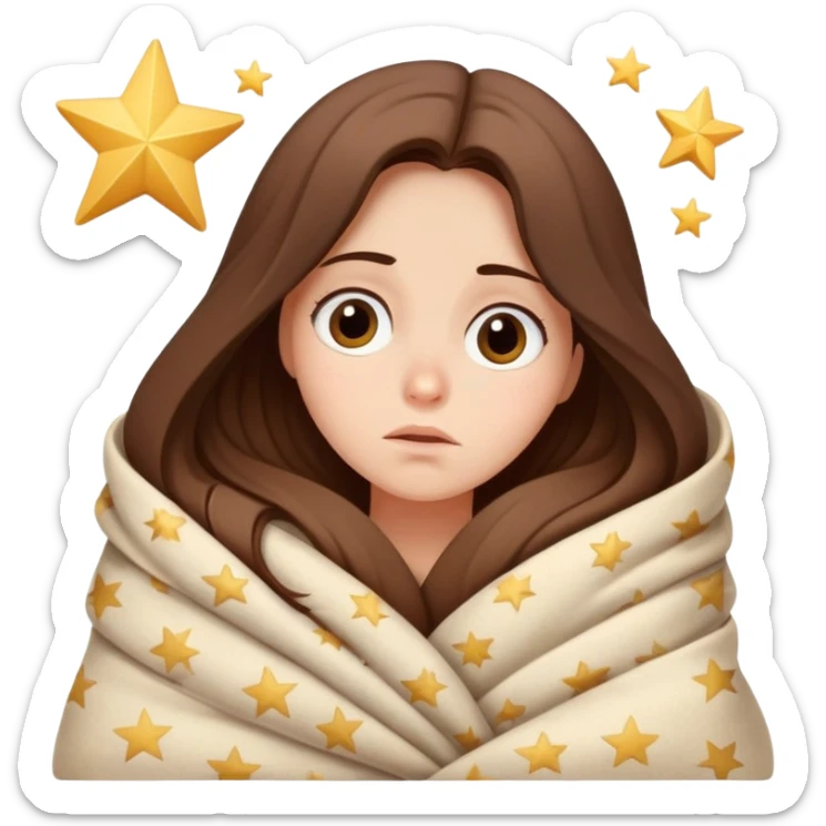 Sleepy girl with long brown hair wrapped like a burrito in a blanket, eyes half-open elegant stars  sticker