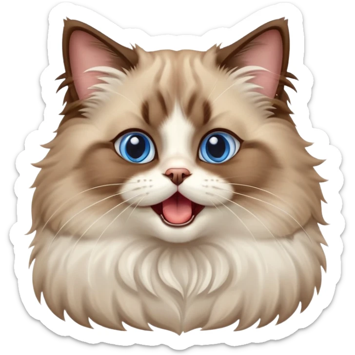 cinematic-adorable-big-eyed-fluffy-brown ragdoll-cat-portrait-emoji,-head-tilted-playfully-with-a-cute,-yawn,-soft-brown-and white-colored-fur-with-darker-points-on-the-ears,-simplified-yet-irresistibly-cute-features, sparkling blue eyes sticker