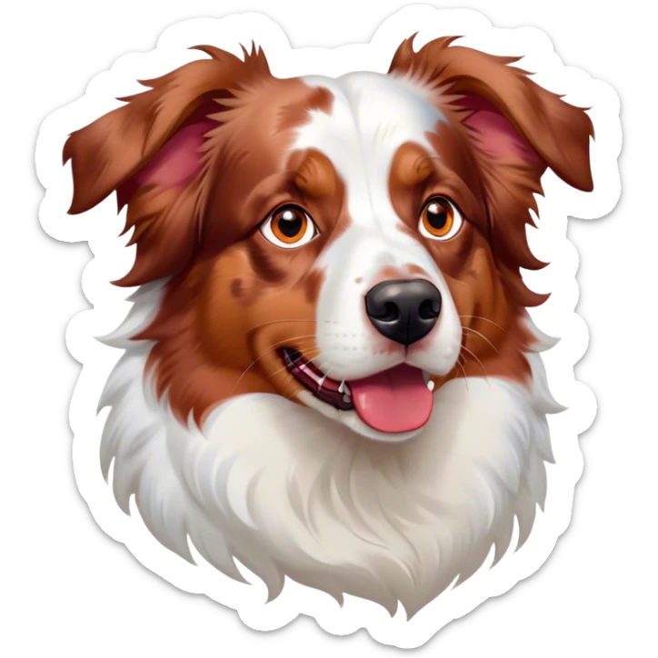 Cinematic Noble Predominantly White Red Merle Australian Shepherd Portrait Emoji, Poised and regal, with a strong, agile build and a stunning predominantly white coat with splashes of red merle, piercing blue eyes, Simplified yet sharp and sophisticated features, highly detailed, glowing with a soft, dignified glow, high shine, intelligent and loyal, stylized with an air of elegance, focused and attentive, soft glowing outline, capturing the essence of a watchful and confident herder, so majestic it feels as though it could step out of the screen with effortless authority! sticker