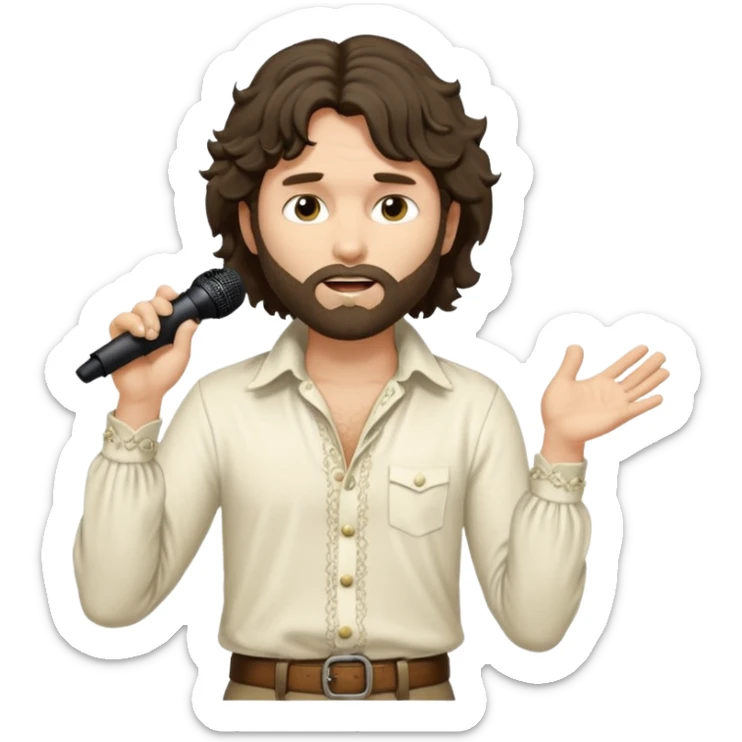 photo ultra realistic - unkempt, shaggy with big sideburns Jim Morrison in an ivory Victorian shirt, in an trance dramatic pose, sings on stage sticker