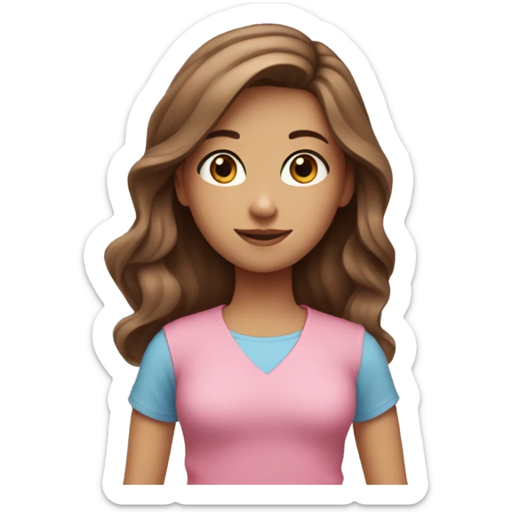 A girl with grey blue eyes, and long brown hair, and a middle part, and pink shirt sticker