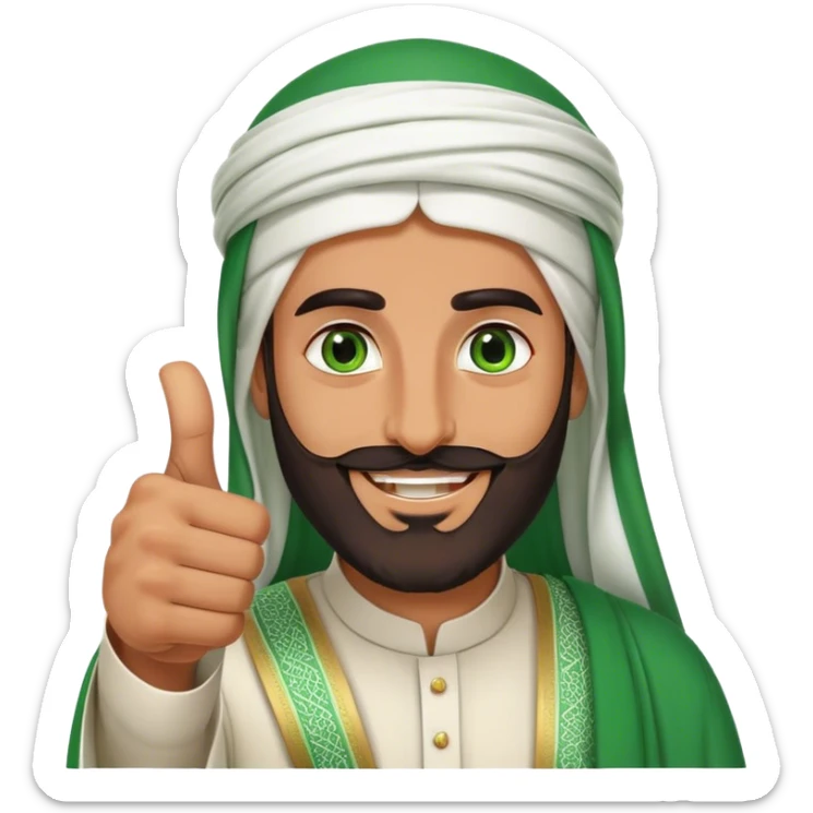 Tanned Arab Saudi man with green eyes and a beard, wearing traditional attire, smiling and giving a big thumbs-up sticker