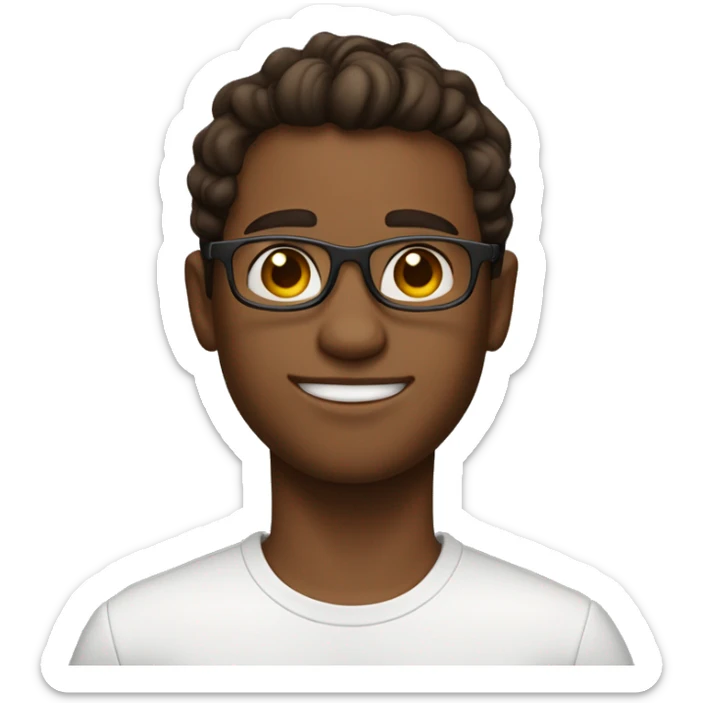 boywith skin and brown hair  wear glasess and white shirt say hllow with hand  sticker