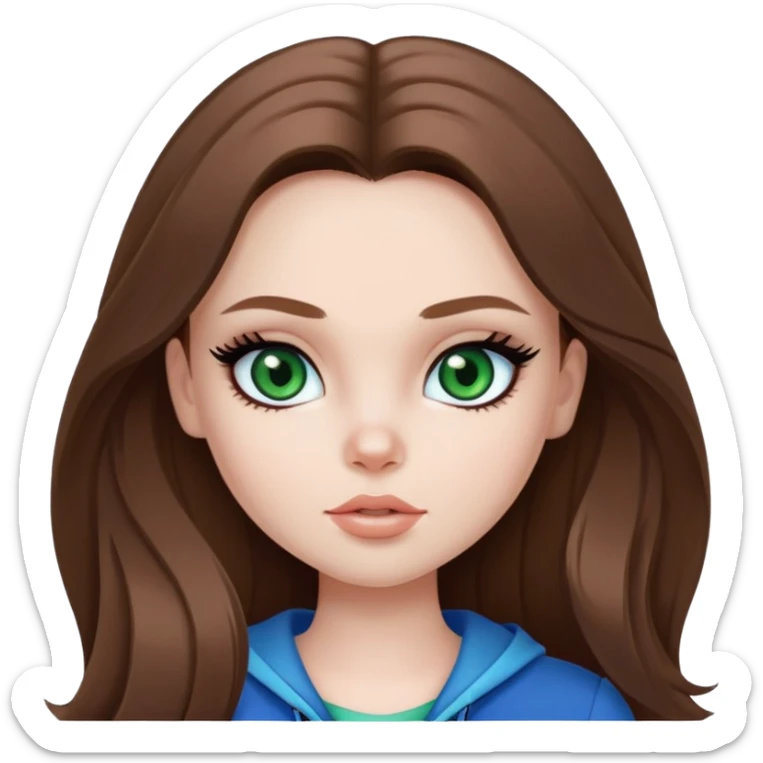 pretty bratz girl, long brown hair, green eyes, black eyeliner, pale skin, blue style sticker