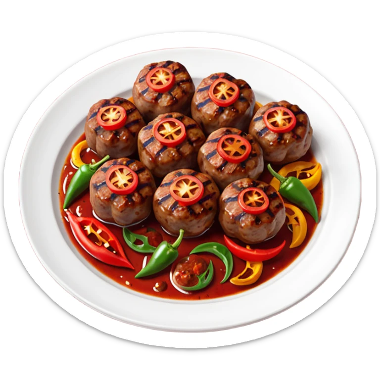 Akçaabat meatballs object icon, grilled Turkish kofte pieces on a plate, smoky char marks, juicy texture, served with grilled peppers and tomatoes, 3D cartoon, mobile game icon style, centered, clean background, no text, no watermark
 sticker