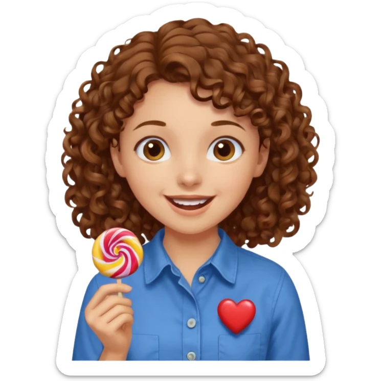 girl with brown curly hair in a blue button-up shirt loving candy excited sticker
