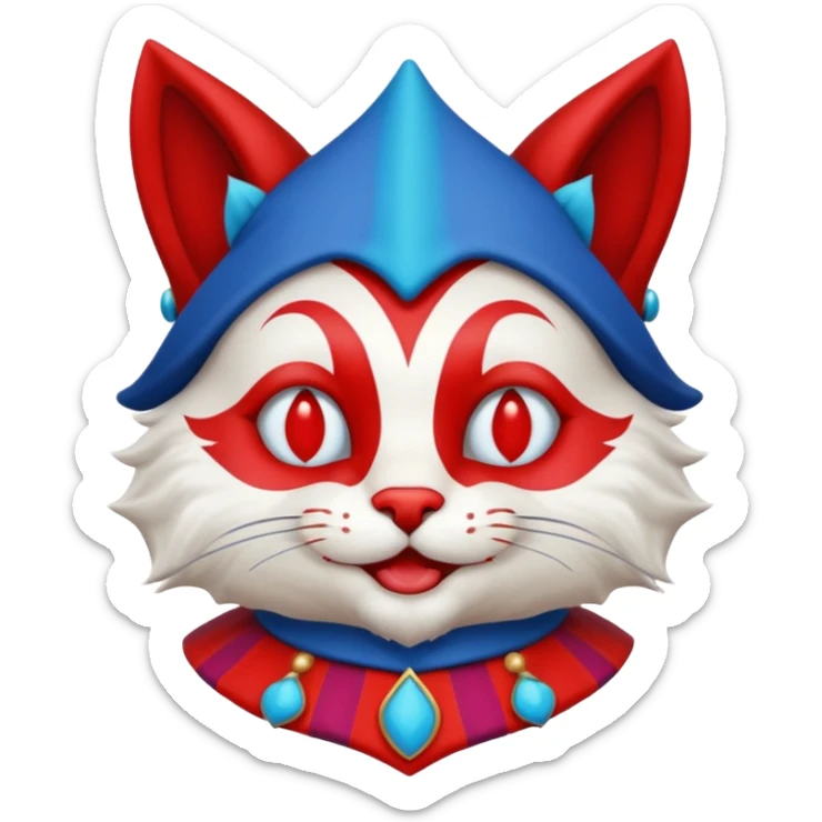 crazy colorful cute little cat jolly joker from poker, medieval, vintage, court jester, mac os icon, blue and red color, half body sticker