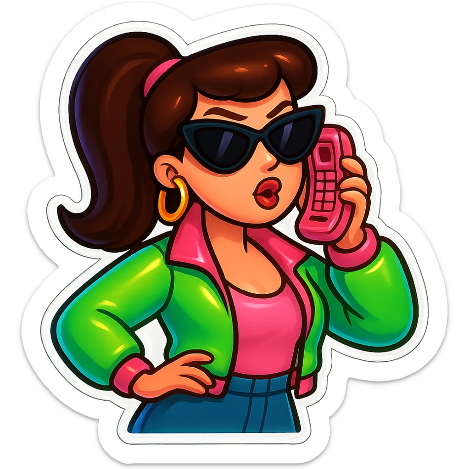 Change the hair color to brunette while keeping the valley girl talking on a pink phone, oversized sunglasses, hoop earrings, neon jacket, and sassy pose. sticker