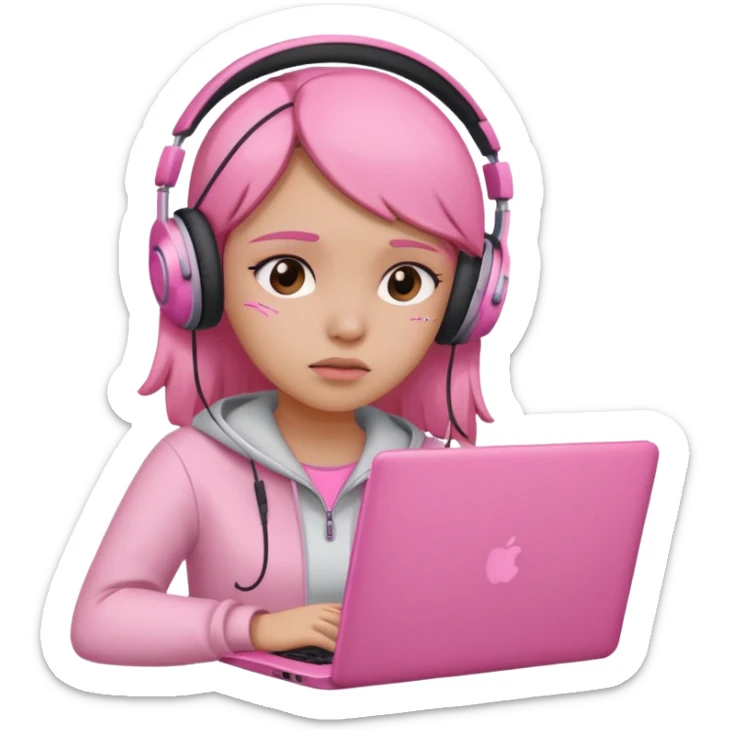 a girl with a pink laptop with headphones, color outline icon style, looking sad sticker