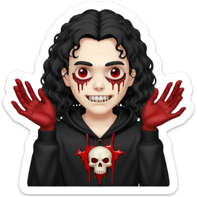 Vampire wearing a black hoodie with a skull logo on it, long curly hair that covers the forehead, fanged teeth and blood on hands sticker