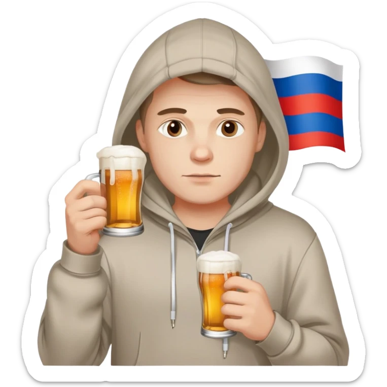 Russian man in a hoodie with russian flag holding a beer and a cigarette sticker