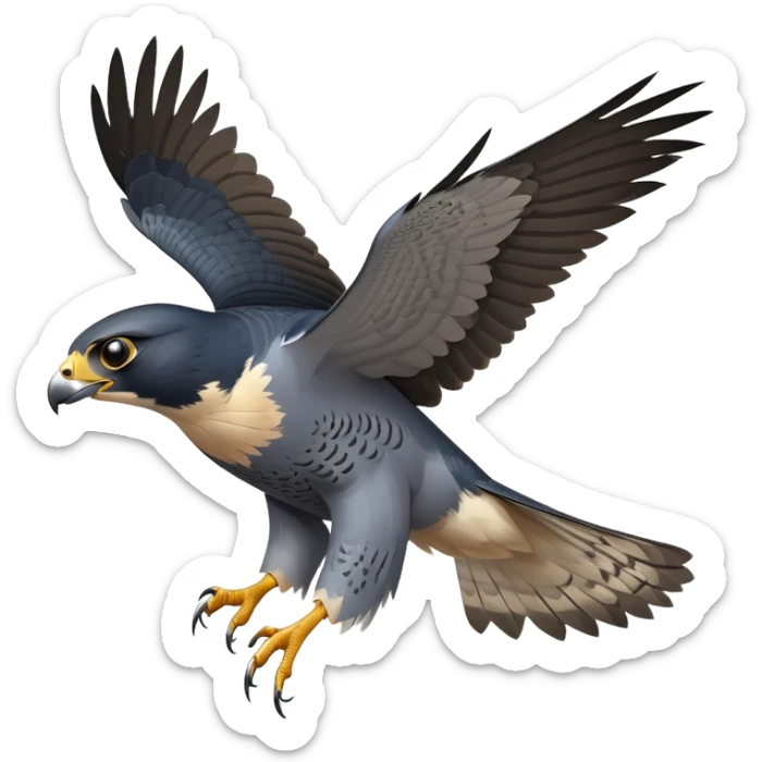 cinematic-peragrin falcon-realistic-full-body-diving-emoji,-sleek-aerodynamic-frame-plummeting-through-the-air-with-lightning-speed,-razor-sharp-talons-poised-for-the-strike,-feathered-wings-angled-for-maximum-precision,-keen-dark-eyes-locked-onto-its prey sticker