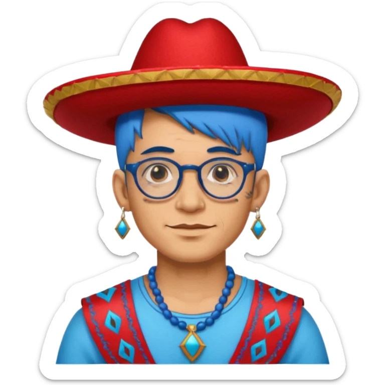 unique looking tourist with big unique red tourist sombrero and earrings, man with lots of tattoes and spectacles, blue hair showing sticker