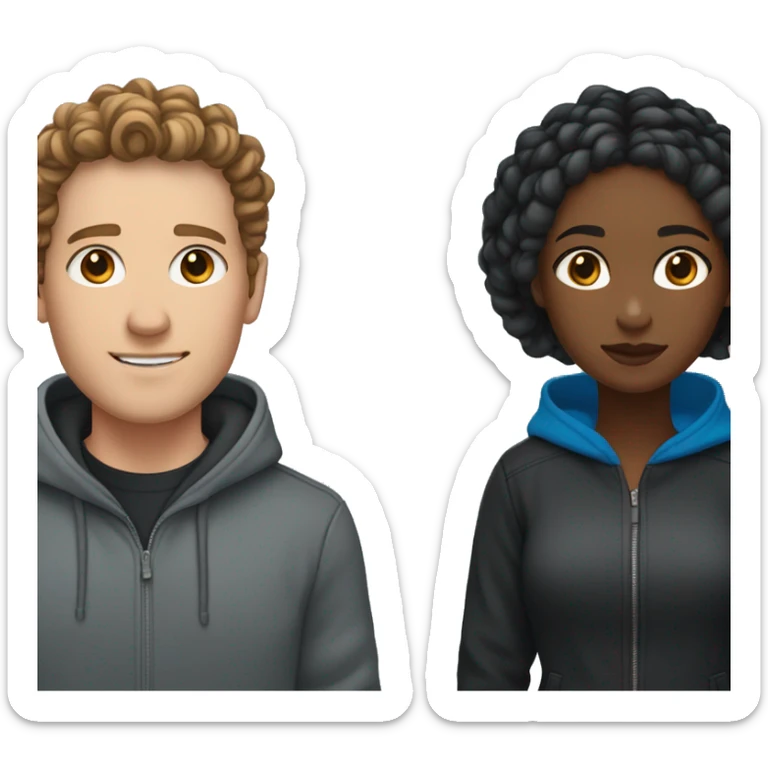 a white male with curly brown hair and a grey hoodie, next to a black woman with braids that fade from blue to black, wearing a black jacke sticker