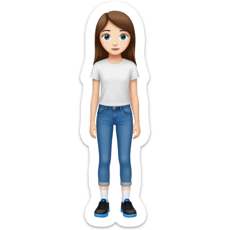 A cute 16 year old white girl that has long straight brown hair wearing a white T shirt as well as long tight blue jeans with BROWN eyes, and wearing black socks and blue shoes sticker