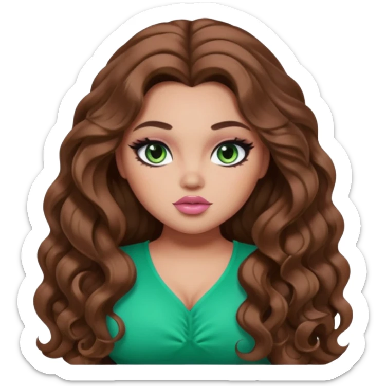  long brown wavy hair, light skin, green eyes, pretty bratz baddie, big plus size , black eyeliner, blush,  sticker