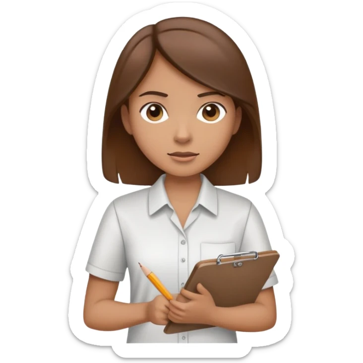 Intern or volunteer with brown hair holding a clipboard and pencil, ready to take notes or assist. The character wears a simple shirt and has an eager posture sticker